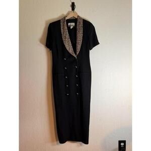 Julian Taylor Black Midi Dress with Animal Print Collar and Double-Breasted Gold